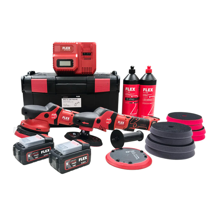 FLEX 18V Cordless Polishers XFE 15-150 DA & PE 150 Rotary 18.0-EC/5.0 Set /BS