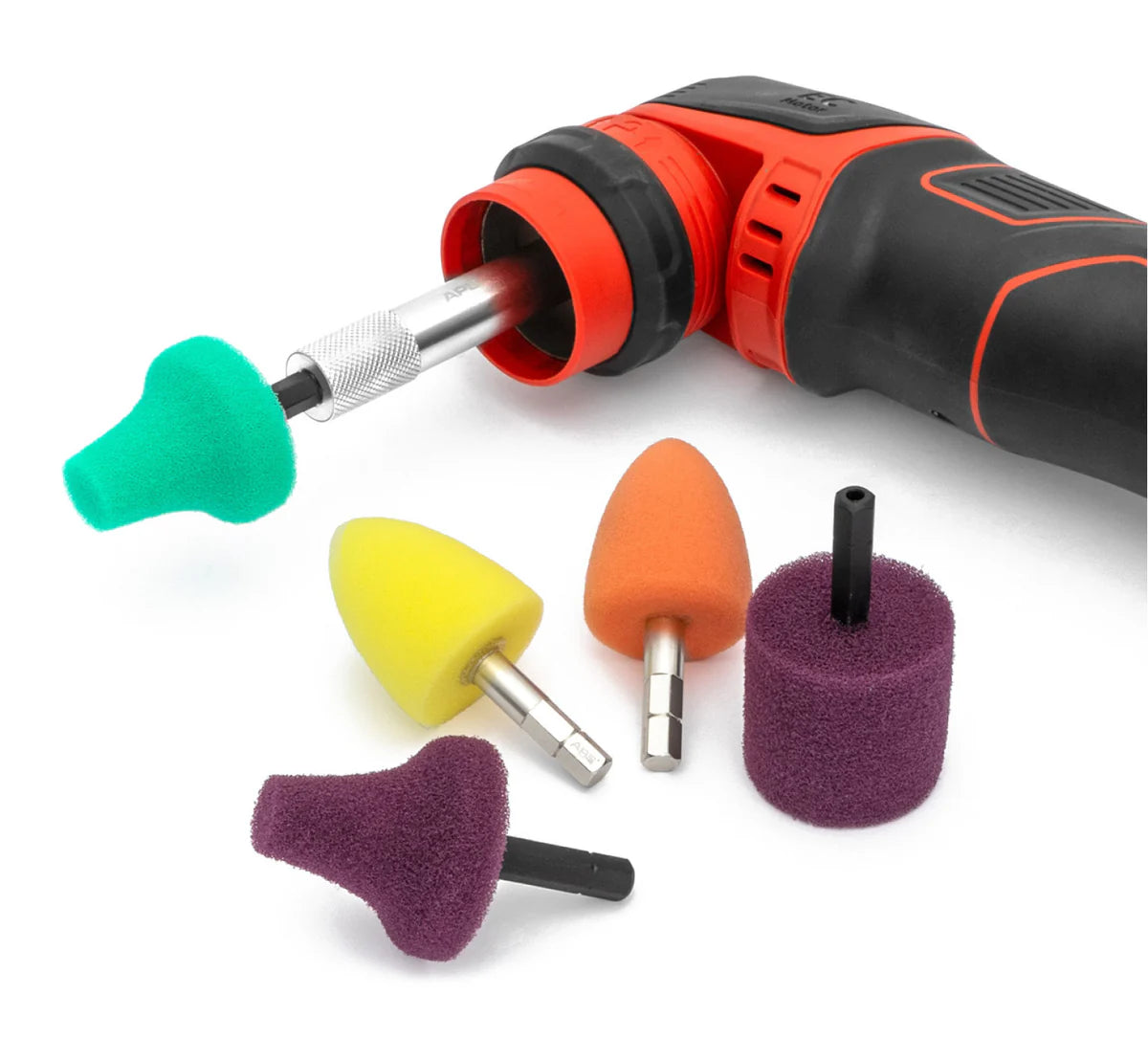 Electric rotary tool with various colored attachments on a white background
