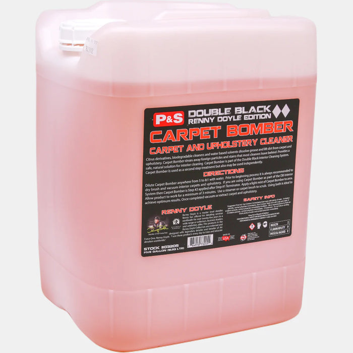 Pink container of Carpet Bomber cleaner with a label on a white 5 Gallon background