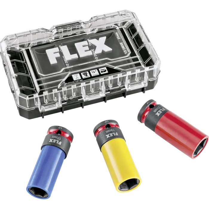 A set of three FLEX 1/2 inch socket extensions in blue, yellow, and red, displayed in front of their clear and black protective carrying case on a white background.