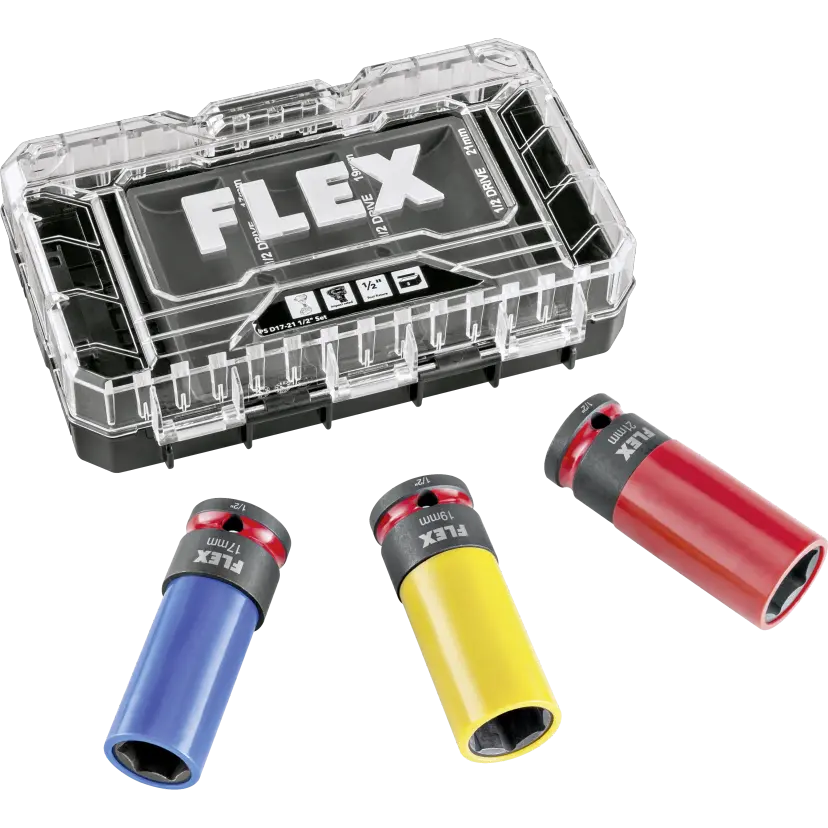 A set of three FLEX 1/2 inch socket extensions in blue, yellow, and red, displayed in front of their clear and black protective carrying case on a white background.
