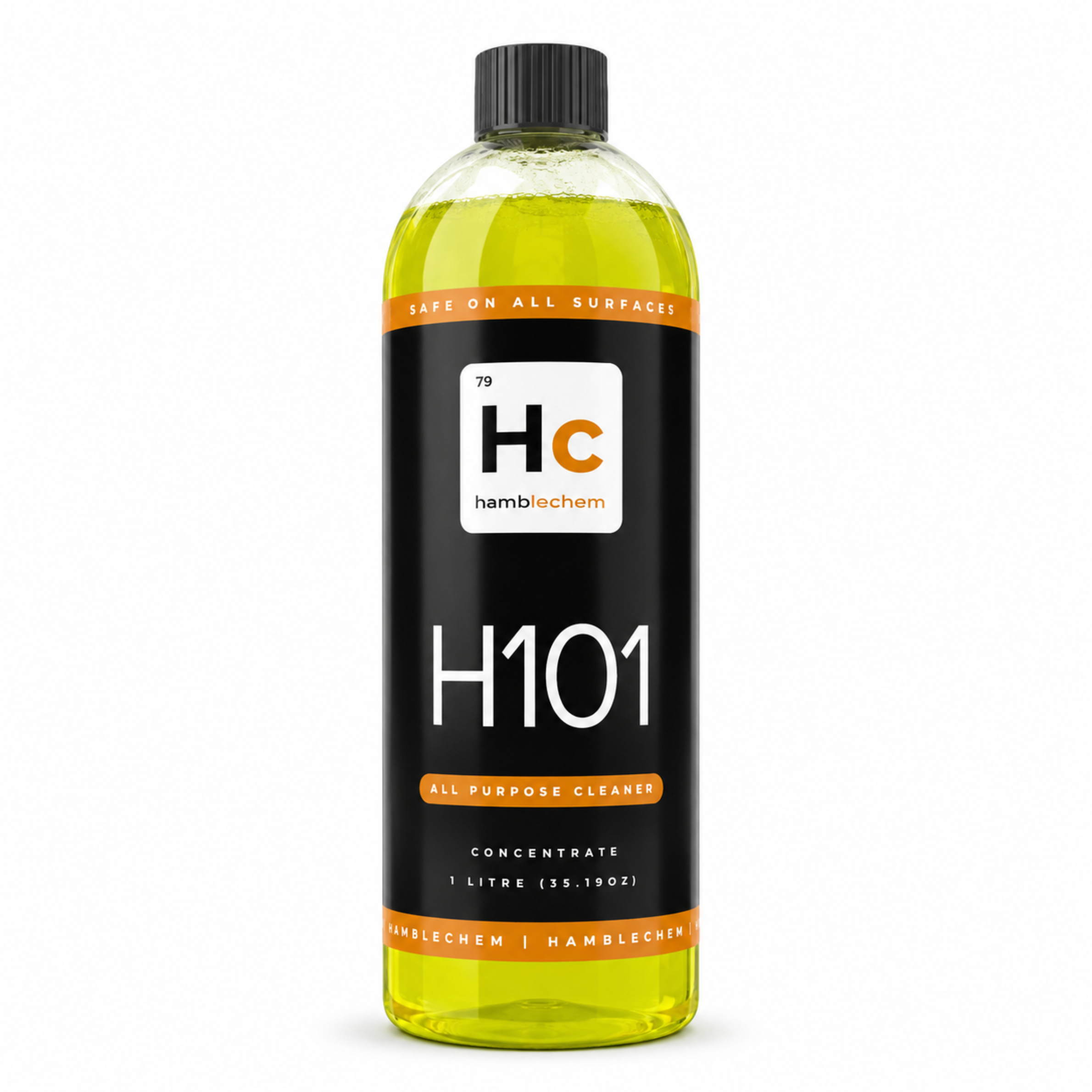 A 1-litre bottle of Hamblechem H101 All Purpose Cleaner Concentrate, featuring a black label with orange and white text, filled with yellow-green liquid, and capped with a black screw cap on a white background.