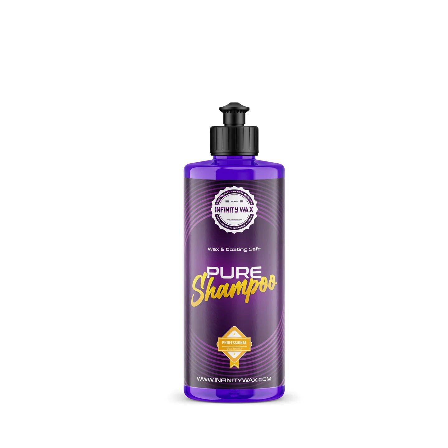 Infinity Wax Pure Purple shampoo bottle with black pump on a white background