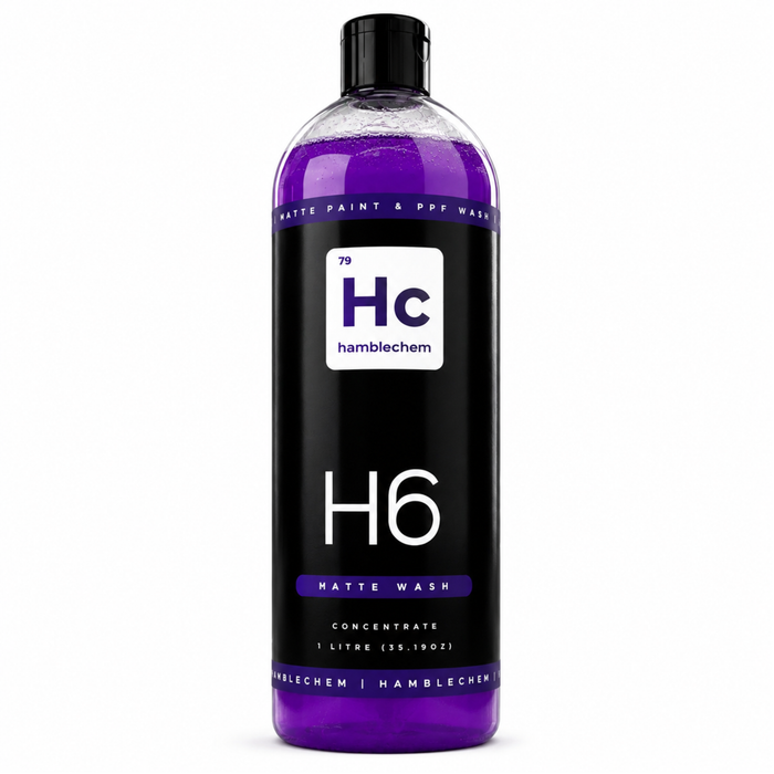 A 1 litre bottle of H6 Matte Wash concentrate by Hablechem, featuring a black label with purple and white text and a black cap, set against a plain white background. Matte Shampoo PPF