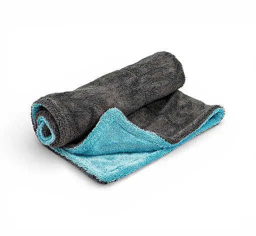 Gray and blue microfiber cleaning towel on a white background